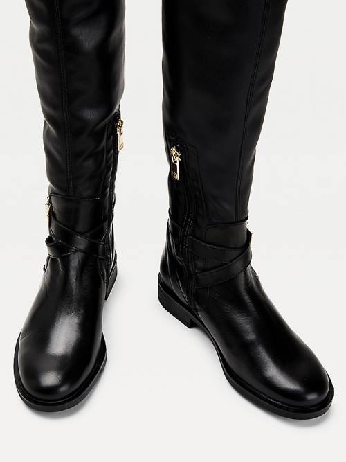 Black Tommy Hilfiger Leather Metal Buckle Over-Knee Women's Boots | TH478UVS