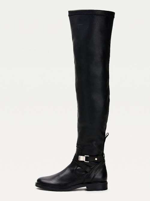 Black Tommy Hilfiger Leather Metal Buckle Over-Knee Women's Boots | TH478UVS