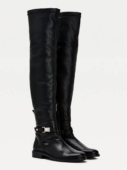 Black Tommy Hilfiger Leather Metal Buckle Over-Knee Women\'s Boots | TH478UVS