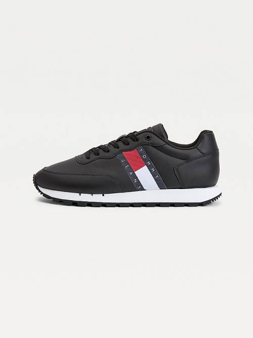 Black Tommy Hilfiger Leather Mix Webbing Logo Men's Sneakers | TH241TID