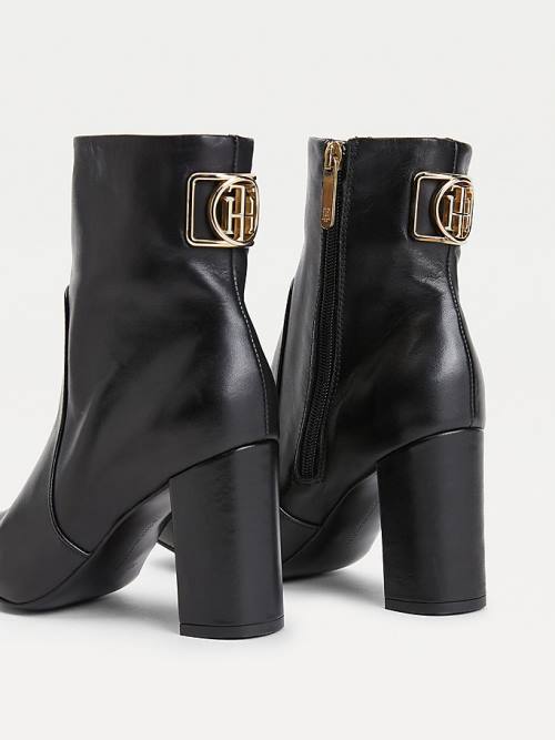 Black Tommy Hilfiger Leather Monogram High Heel Women's Boots | TH987YJL