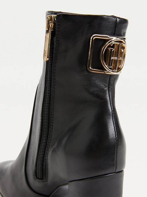 Black Tommy Hilfiger Leather Monogram High Heel Women's Boots | TH987YJL