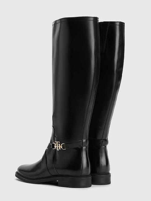 Black Tommy Hilfiger Leather Monogram Horsebit Long Women's Boots | TH648LNA