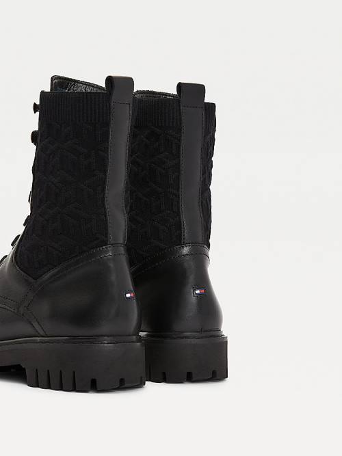 Black Tommy Hilfiger Leather Monogram Knit Biker Women's Boots | TH197TUK