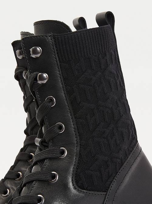 Black Tommy Hilfiger Leather Monogram Knit Biker Women's Boots | TH197TUK