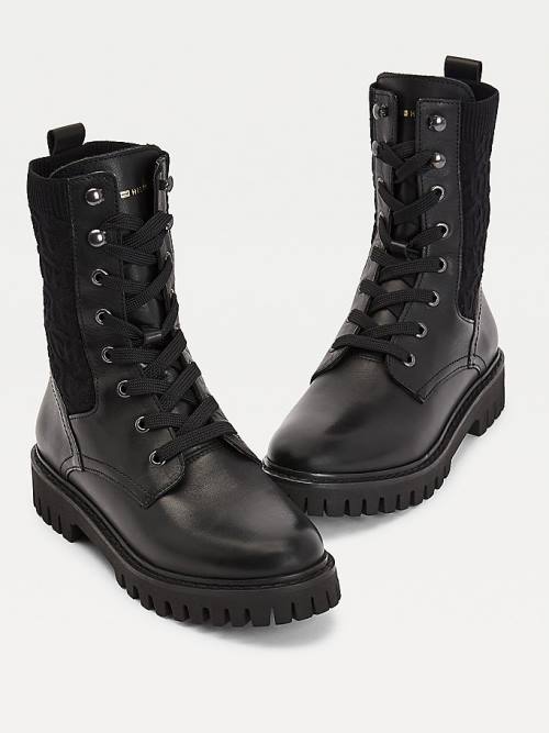 Black Tommy Hilfiger Leather Monogram Knit Biker Women's Boots | TH197TUK