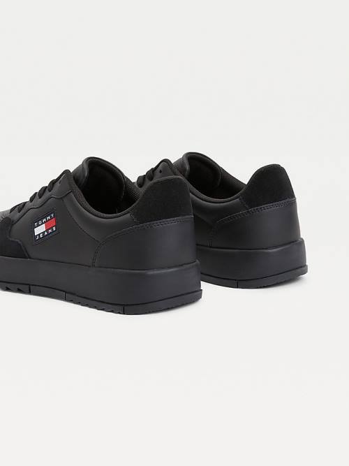 Black Tommy Hilfiger Leather Textured Panel Men's Sneakers | TH435ABK