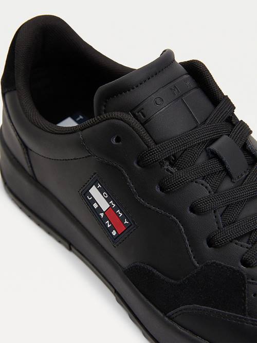 Black Tommy Hilfiger Leather Textured Panel Men's Sneakers | TH435ABK