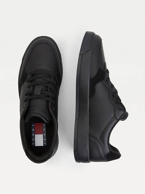 Black Tommy Hilfiger Leather Textured Panel Men's Sneakers | TH435ABK