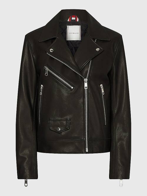 Black Tommy Hilfiger Leather Zip-Thru Biker Women's Jackets | TH169GFR