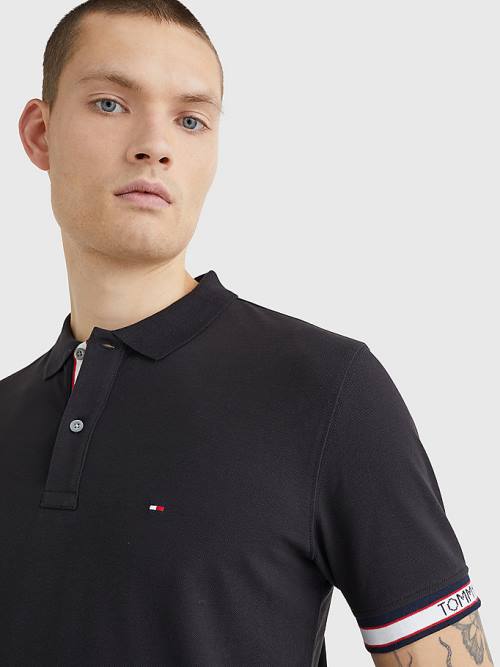 Black Tommy Hilfiger Logo Cuff Regular Fit Men's Polo Shirts | TH173ZSJ