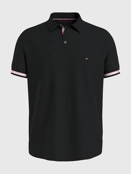 Black Tommy Hilfiger Logo Cuff Regular Fit Men's Polo Shirts | TH173ZSJ