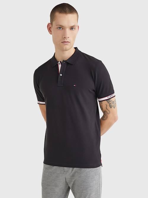 Black Tommy Hilfiger Logo Cuff Regular Fit Men\'s Polo Shirts | TH173ZSJ