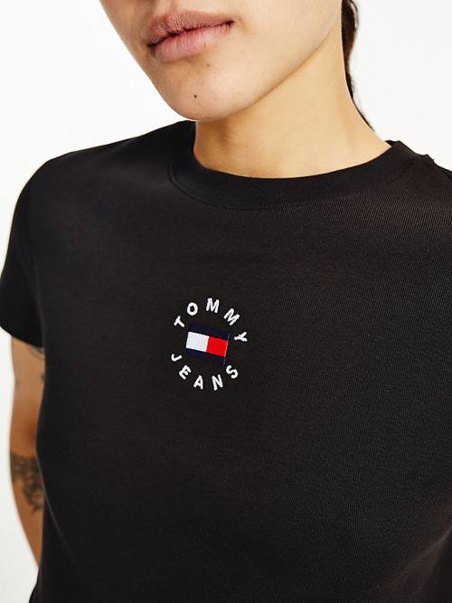 Black Tommy Hilfiger Logo Embroidery Cropped Women's T Shirts | TH872INO