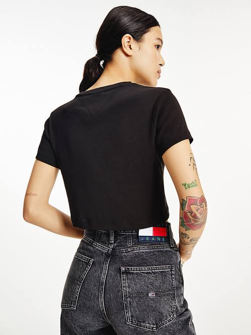 Black Tommy Hilfiger Logo Embroidery Cropped Women's T Shirts | TH872INO