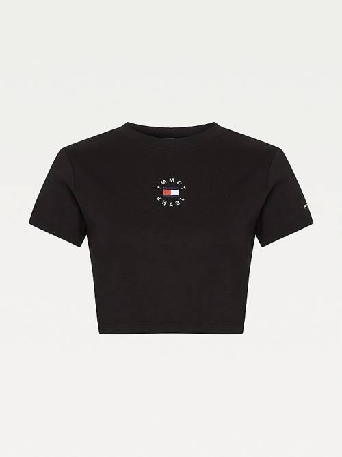 Black Tommy Hilfiger Logo Embroidery Cropped Women's T Shirts | TH872INO