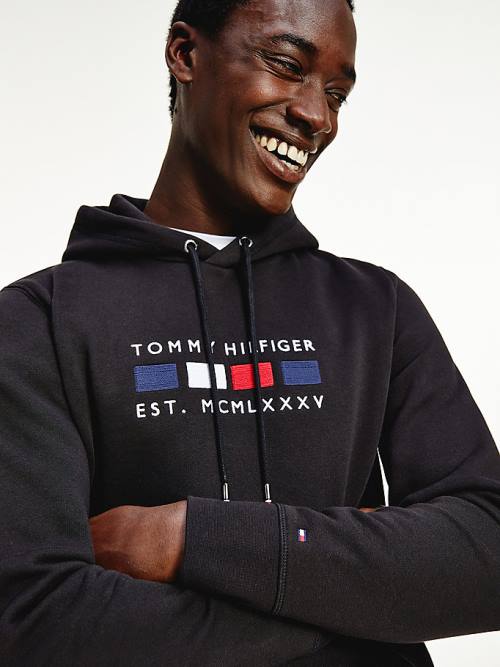 Black Tommy Hilfiger Logo Embroidery Fleece Men's Hoodie | TH268TNE