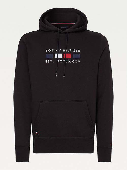 Black Tommy Hilfiger Logo Embroidery Fleece Men's Hoodie | TH268TNE