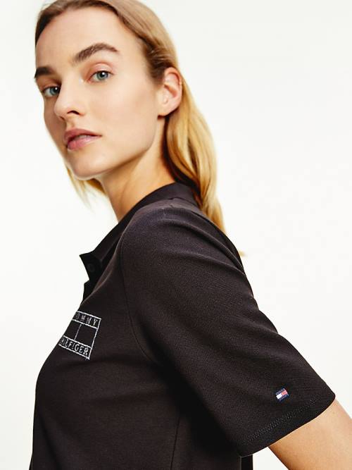 Black Tommy Hilfiger Logo Embroidery Regular Fit Women's Polo Shirts | TH984YEN