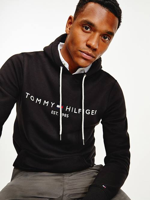 Black Tommy Hilfiger Logo Flex Fleece Men's Hoodie | TH572OTS