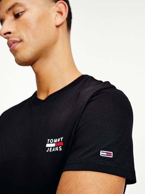 Black Tommy Hilfiger Logo Organic Cotton Slim Fit Men's T Shirts | TH362MWB