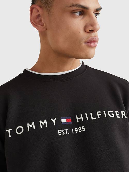 Black Tommy Hilfiger Logo Regular Fit Men's Sweatshirts | TH463ANT