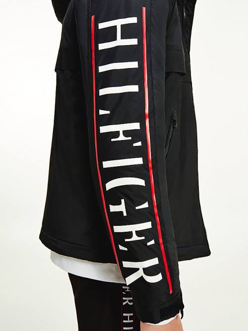 Black Tommy Hilfiger Logo Sleeve Removable Hood Men's Jackets | TH260SQF