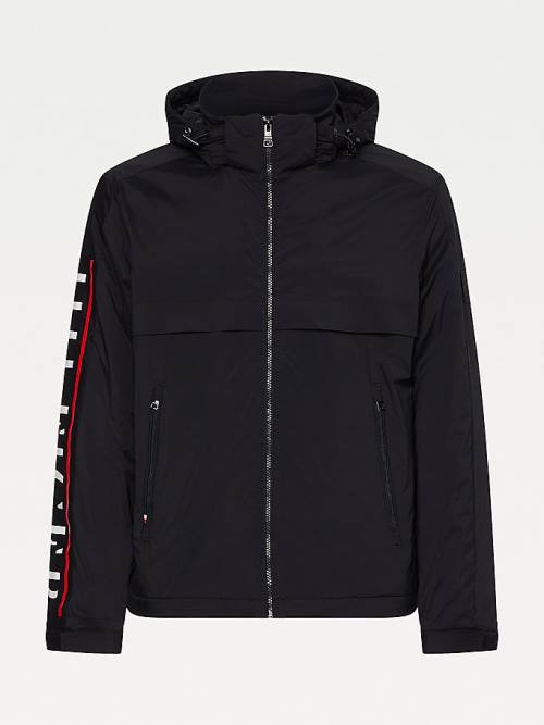 Black Tommy Hilfiger Logo Sleeve Removable Hood Men's Jackets | TH260SQF