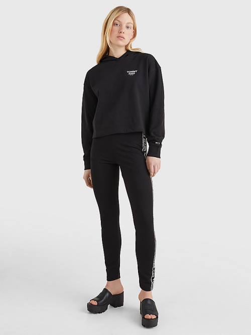 Black Tommy Hilfiger Logo Tape Cropped Boxy Women's Sweatshirts | TH694FZD