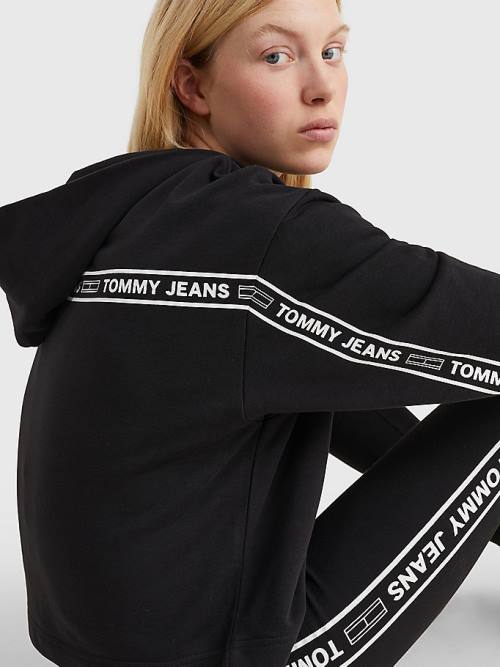 Black Tommy Hilfiger Logo Tape Cropped Boxy Women's Sweatshirts | TH694FZD