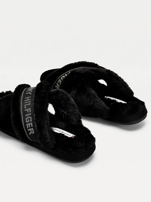 Black Tommy Hilfiger Logo Tape Faux Fur Women's Slippers | TH452XZV