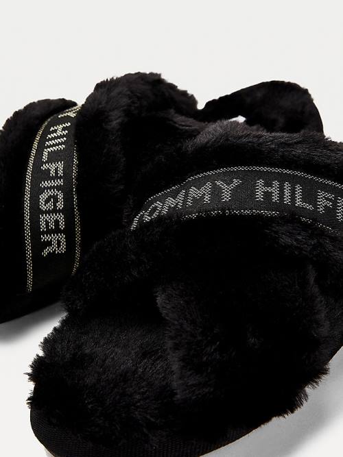 Black Tommy Hilfiger Logo Tape Faux Fur Women's Slippers | TH452XZV