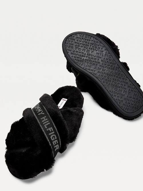 Black Tommy Hilfiger Logo Tape Faux Fur Women's Slippers | TH452XZV