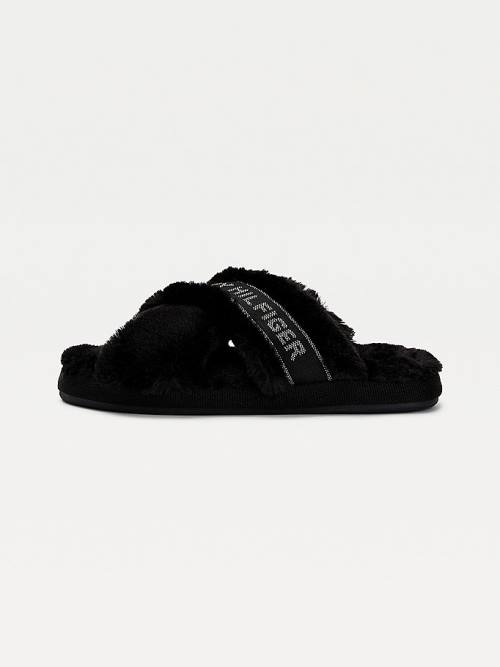 Black Tommy Hilfiger Logo Tape Faux Fur Women's Slippers | TH452XZV