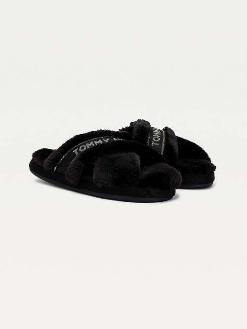 Black Tommy Hilfiger Logo Tape Faux Fur Women\'s Slippers | TH452XZV