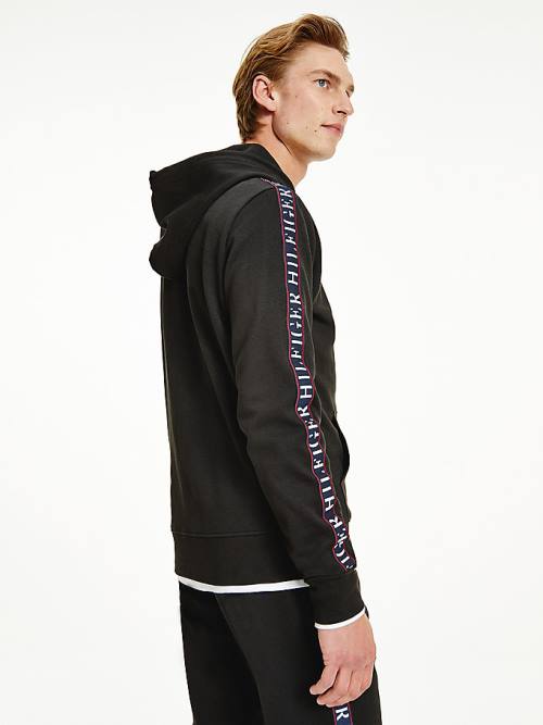 Black Tommy Hilfiger Logo Tape Zip-Thru Men's Hoodie | TH278LIF