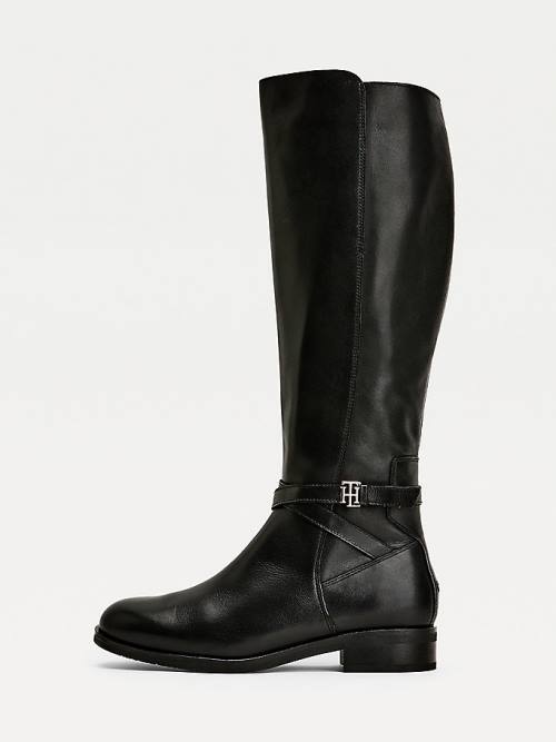 Black Tommy Hilfiger Long Leather TH Monogram Women's Boots | TH275QKI