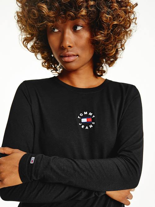 Black Tommy Hilfiger Long Sleeve Logo Slim Fit Women's T Shirts | TH780WSG