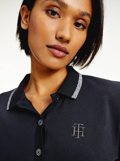 Black Tommy Hilfiger Long Sleeve Metallic Trim Women's Polo Shirts | TH621LEZ