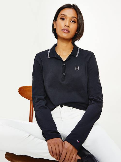 Black Tommy Hilfiger Long Sleeve Metallic Trim Women\'s Polo Shirts | TH621LEZ