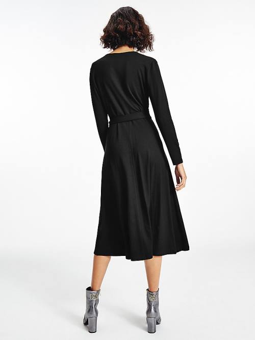 Black Tommy Hilfiger Long Sleeve V-Neck Midi Wrap Women's Dress | TH437GDY