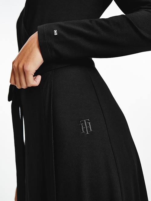 Black Tommy Hilfiger Long Sleeve V-Neck Midi Wrap Women's Dress | TH437GDY