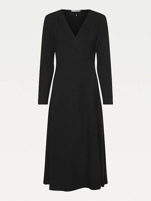 Black Tommy Hilfiger Long Sleeve V-Neck Midi Wrap Women's Dress | TH437GDY