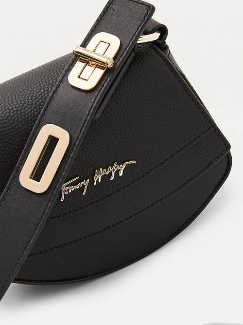 Black Tommy Hilfiger Luxe Leather Turn Lock Strap Crossover Women's Bags | TH248GDK