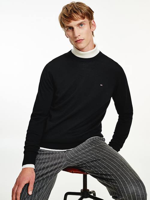 Black Tommy Hilfiger Merino Wool Crew Neck Jumper Men\'s Sweaters | TH481YPU