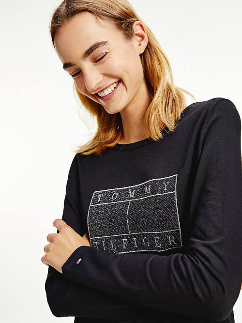 Black Tommy Hilfiger Metallic Flag Long Sleeve Women's T Shirts | TH849RLQ