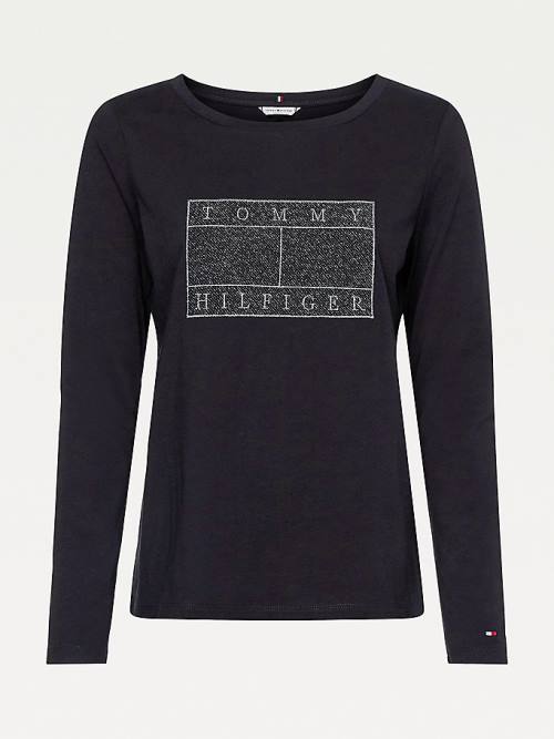 Black Tommy Hilfiger Metallic Flag Long Sleeve Women's T Shirts | TH849RLQ