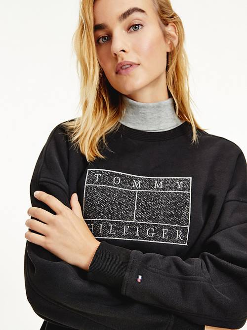 Black Tommy Hilfiger Metallic Logo Relaxed Crew Neck Women's Sweatshirts | TH560MQB