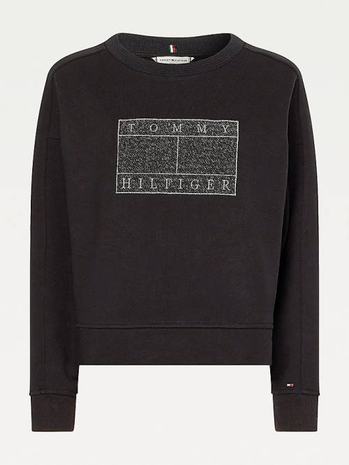 Black Tommy Hilfiger Metallic Logo Relaxed Crew Neck Women's Sweatshirts | TH560MQB