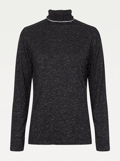 Black Tommy Hilfiger Metallic Roll Neck Jumper Women's T Shirts | TH819TPD